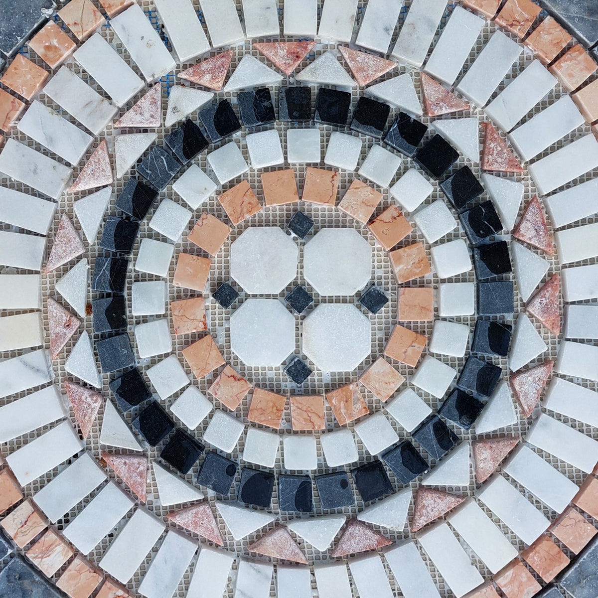 Travertine Mosaic Medallion: Blue Border Handmade Stone Art