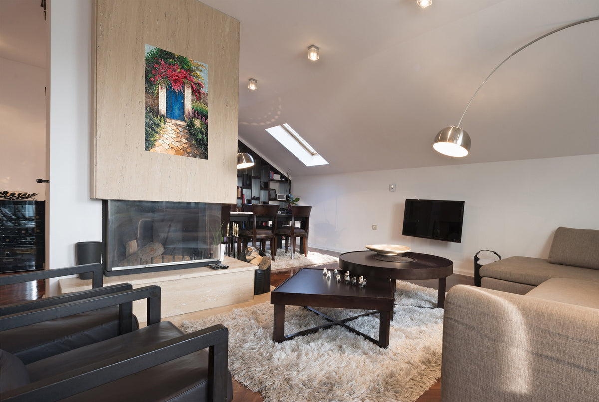 Handmade Stone Mosaic Wall Art: Blue Door, Botanical Garden