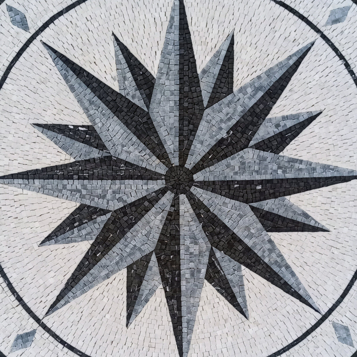 Timeless Elegance - Mosaic Art Design - Grey and White Compass Rose Mosaic Medallion - Customization available