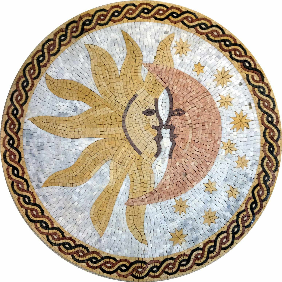 Handmade Sun and Moon Mosaic Medallion: Celestial Marble Art (36”)