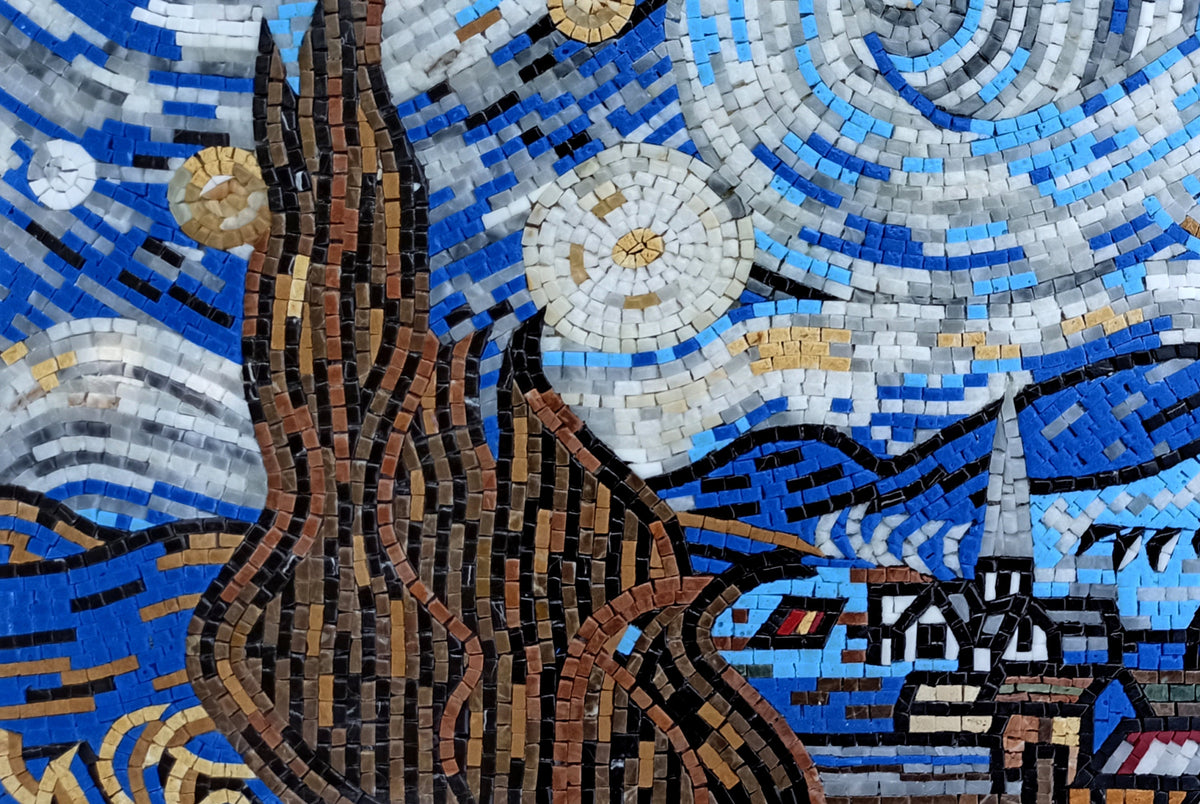 Handmade Marble Mosaic Art: Van Gogh Starry Night Landscape