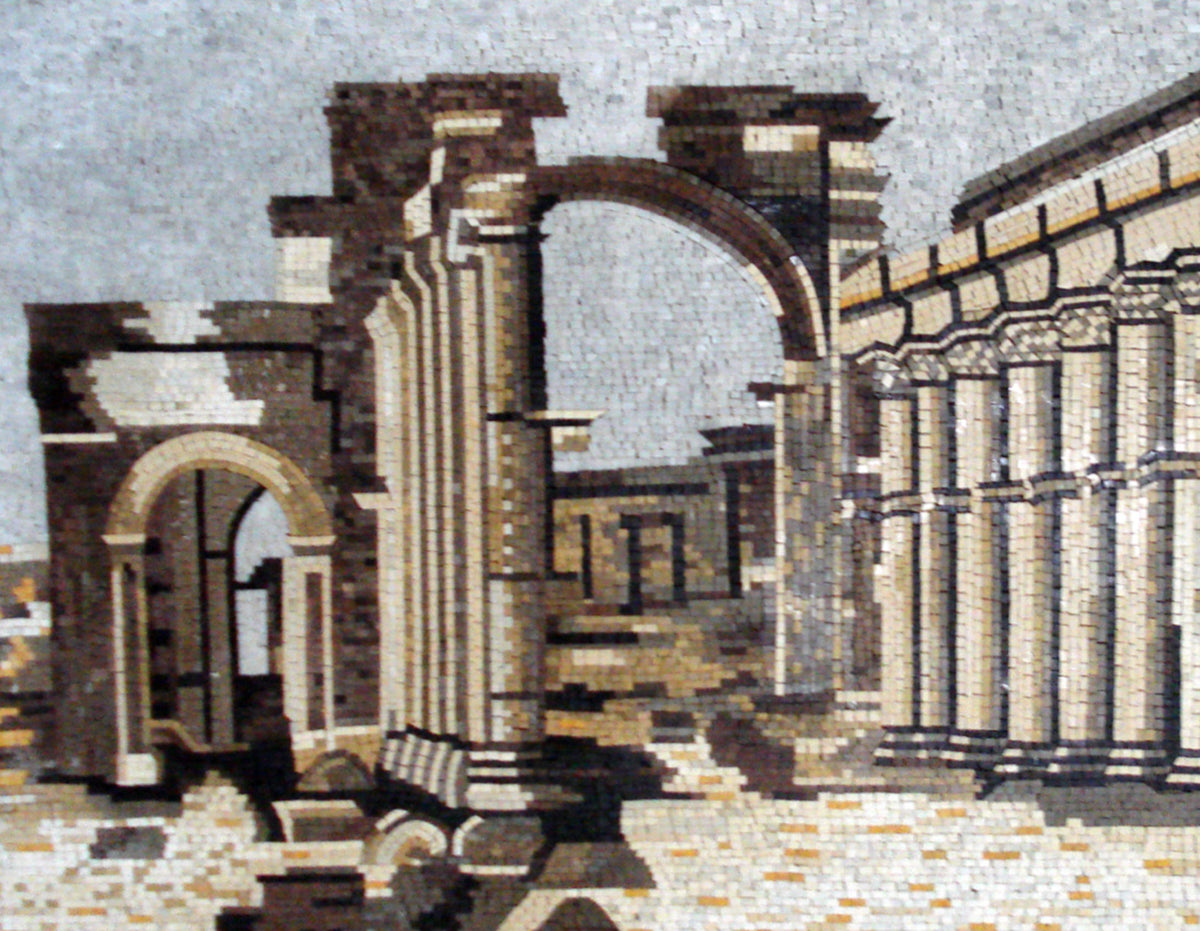 Handmade Palmyra Temple Ruins Mosaic Mural: Stone & Marble Wall Art