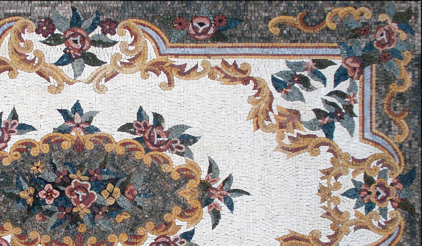 Floral Marble Mosaic Rug: Handmade Stone Art (104” x 60”)