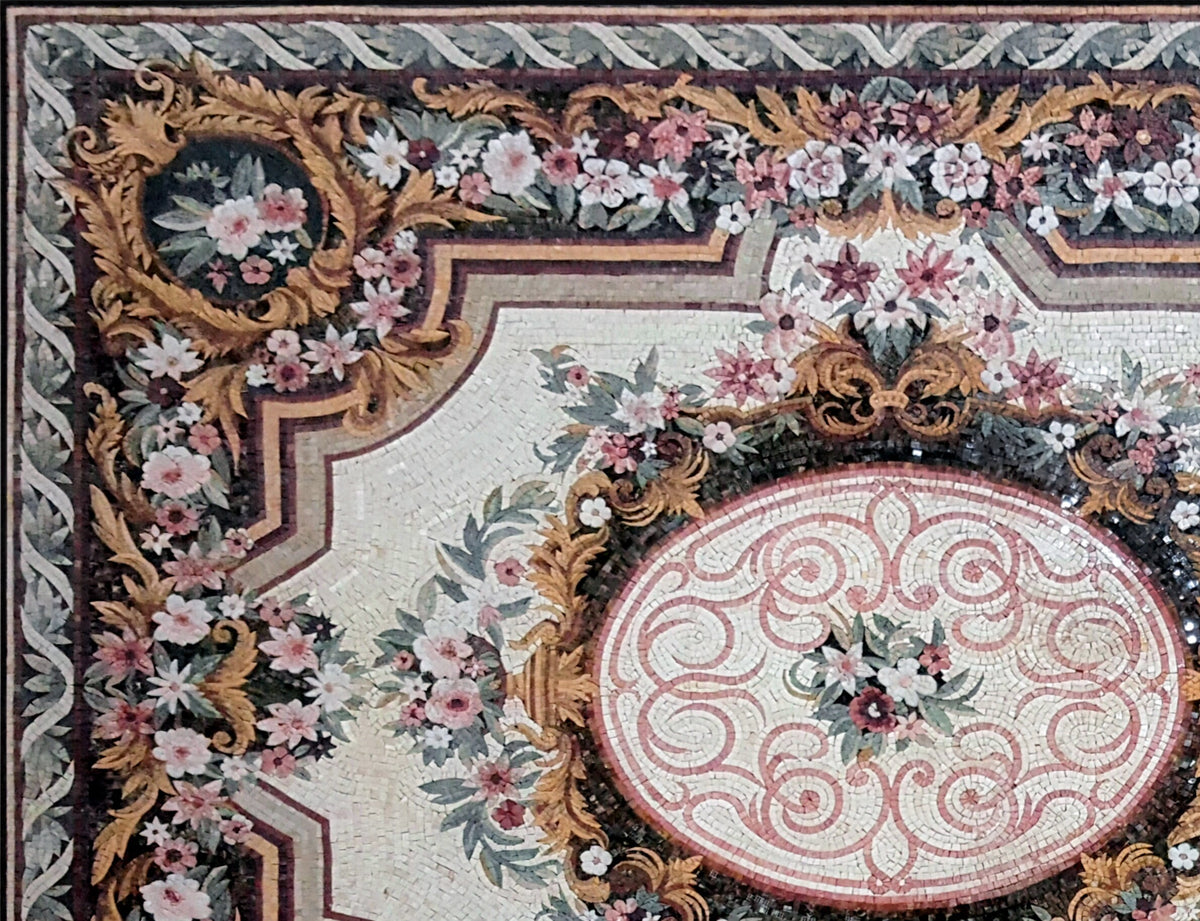 Large Floral Marble Mosaic Rug: Handmade Stone Carpet (104” x 80")