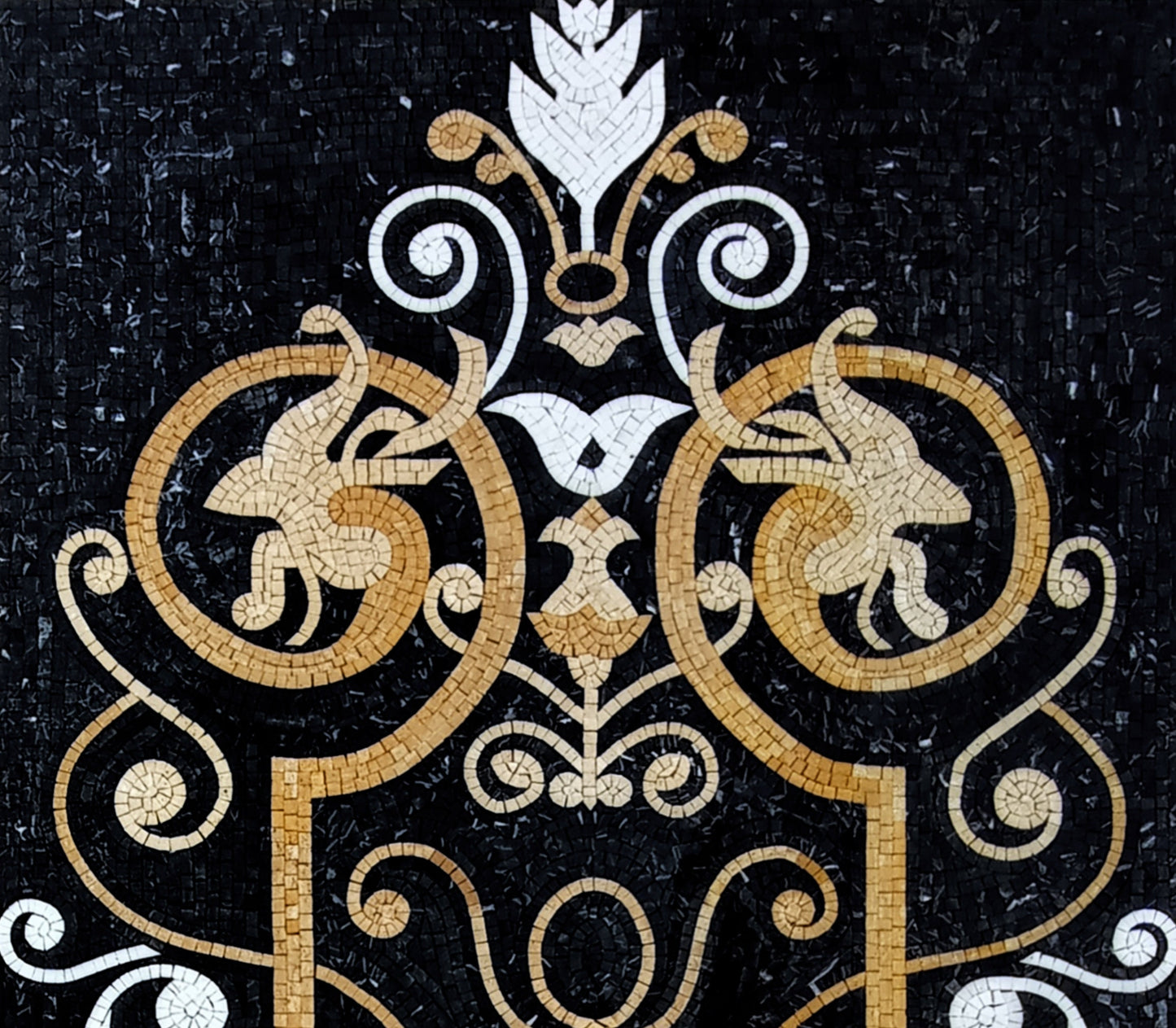Handmade Black Marble Mosaic Rug: Floral Art Decor (80” x 36")