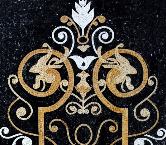 Handmade Black Marble Mosaic Rug: Floral Art Decor (80” x 36")