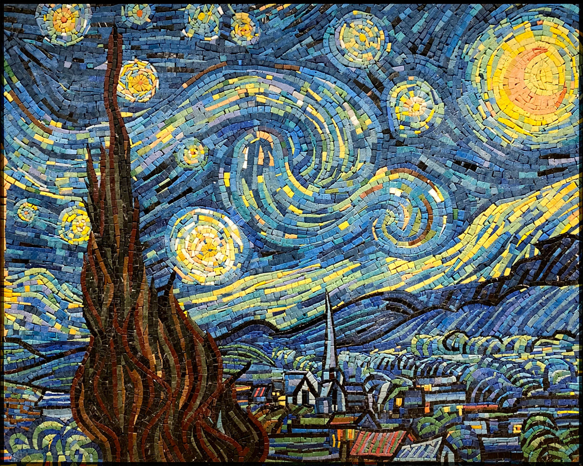 Handmade Marble Mosaic Art: Van Gogh Starry Night Reproduction (40” x 32")