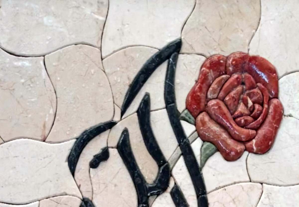 Handmade Basmala Calligraphy Marble Mosaic Tile Art: Red Rose Islamic Decor