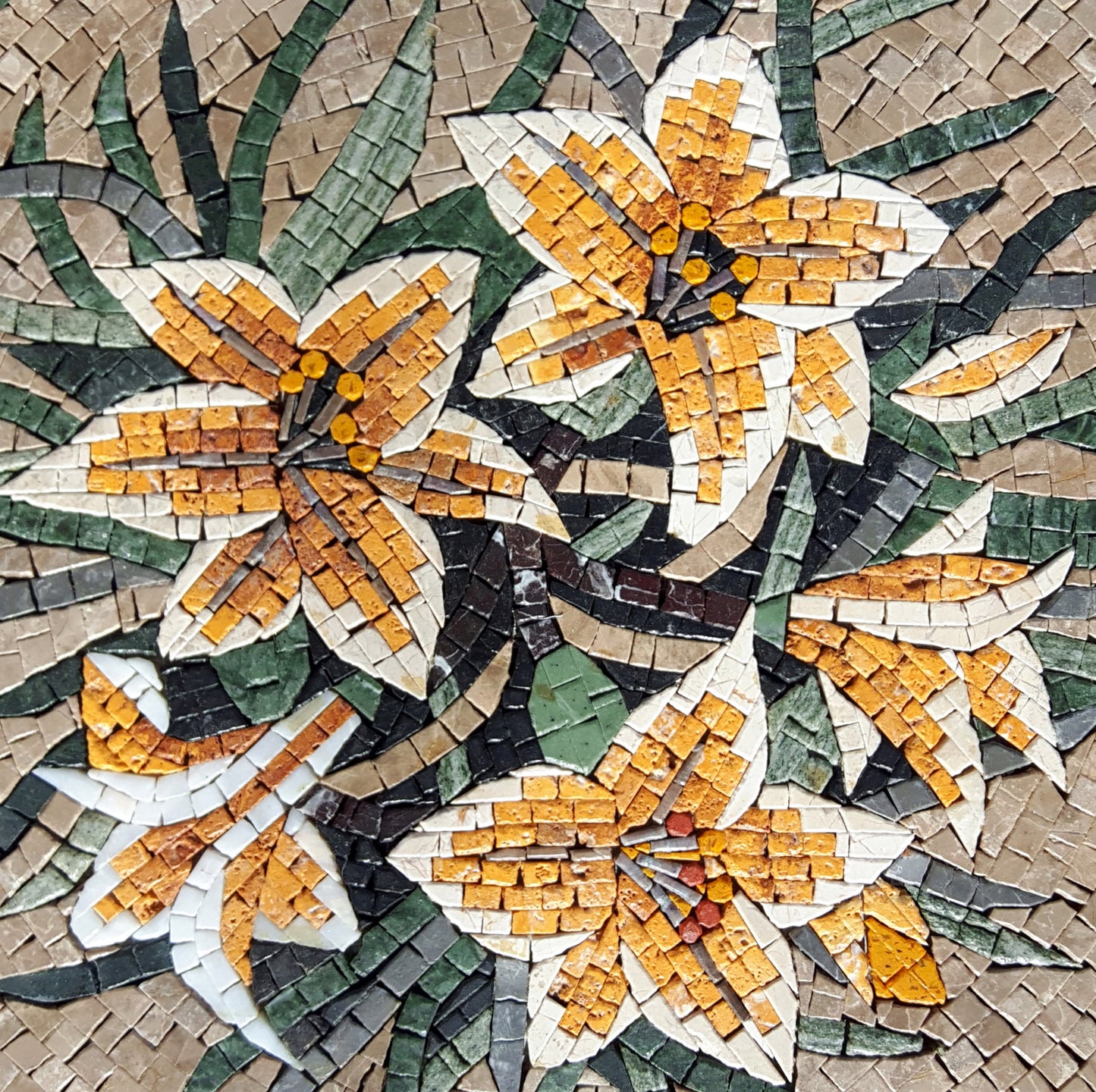 Handmade Marble Mosaic Flower Art: Yellow & White Lilies (20x20)