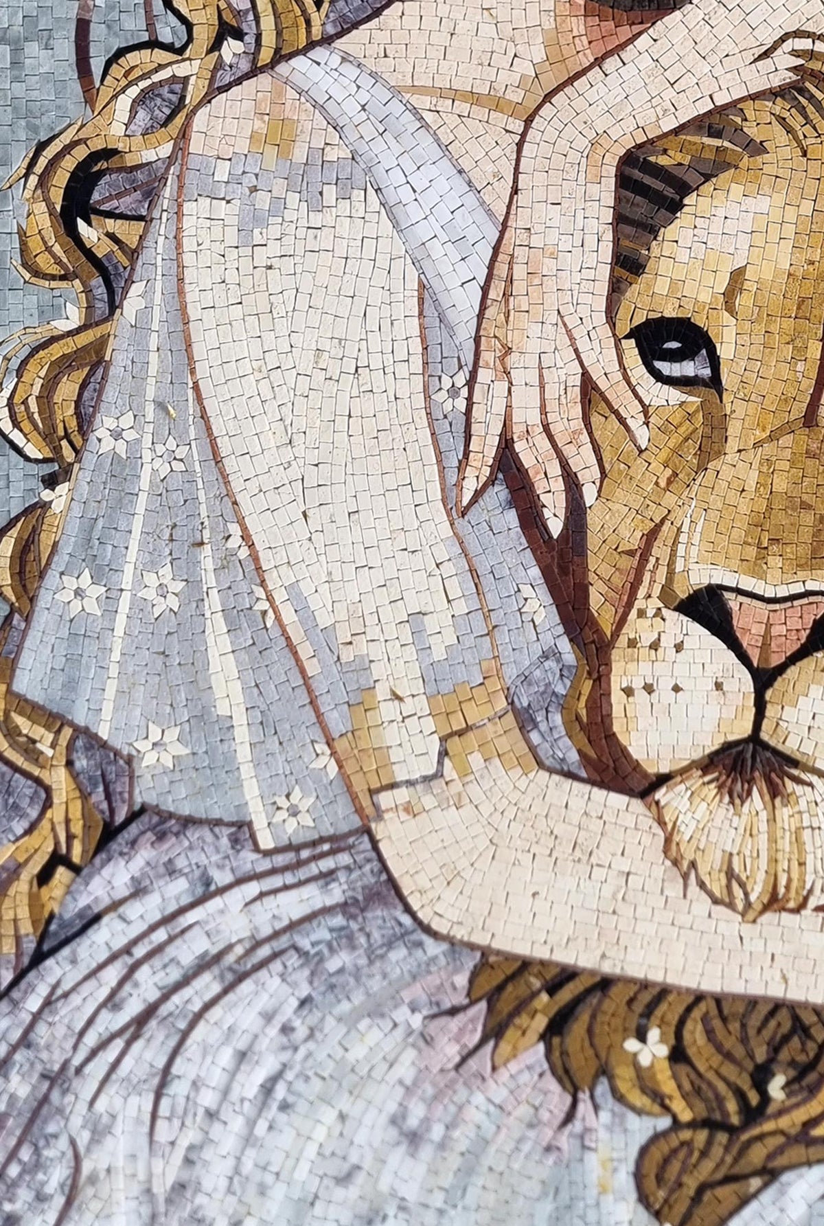 48x32 Women and Lion Mosaic Wall Art – Custom Handmade Marble Tile, Symbolic Animal Design, Decorative Wall Inlay, Customization available