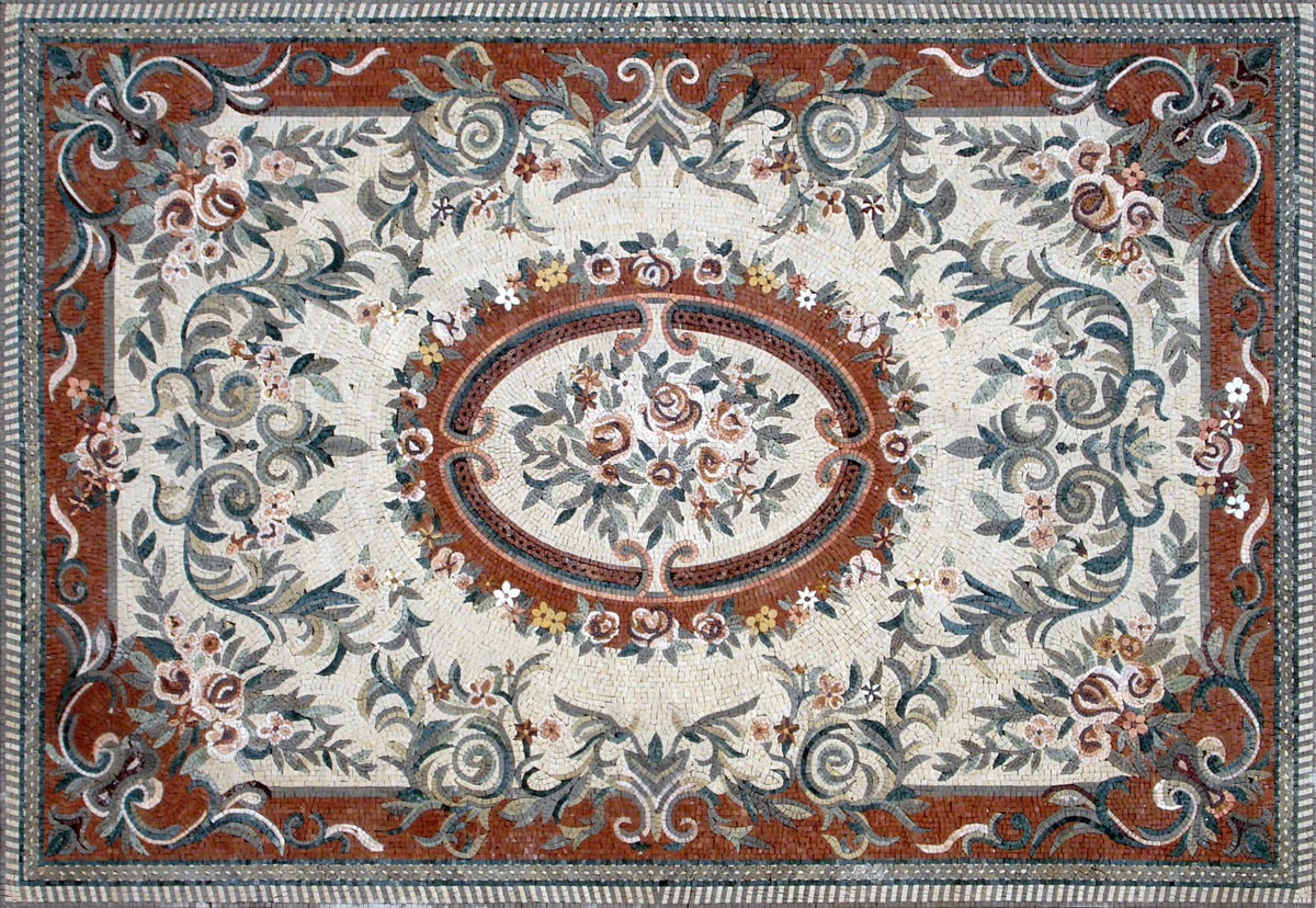 Handmade Floral Marble Mosaic Rug: Dining Room Floor Carpet (92” x 60”)