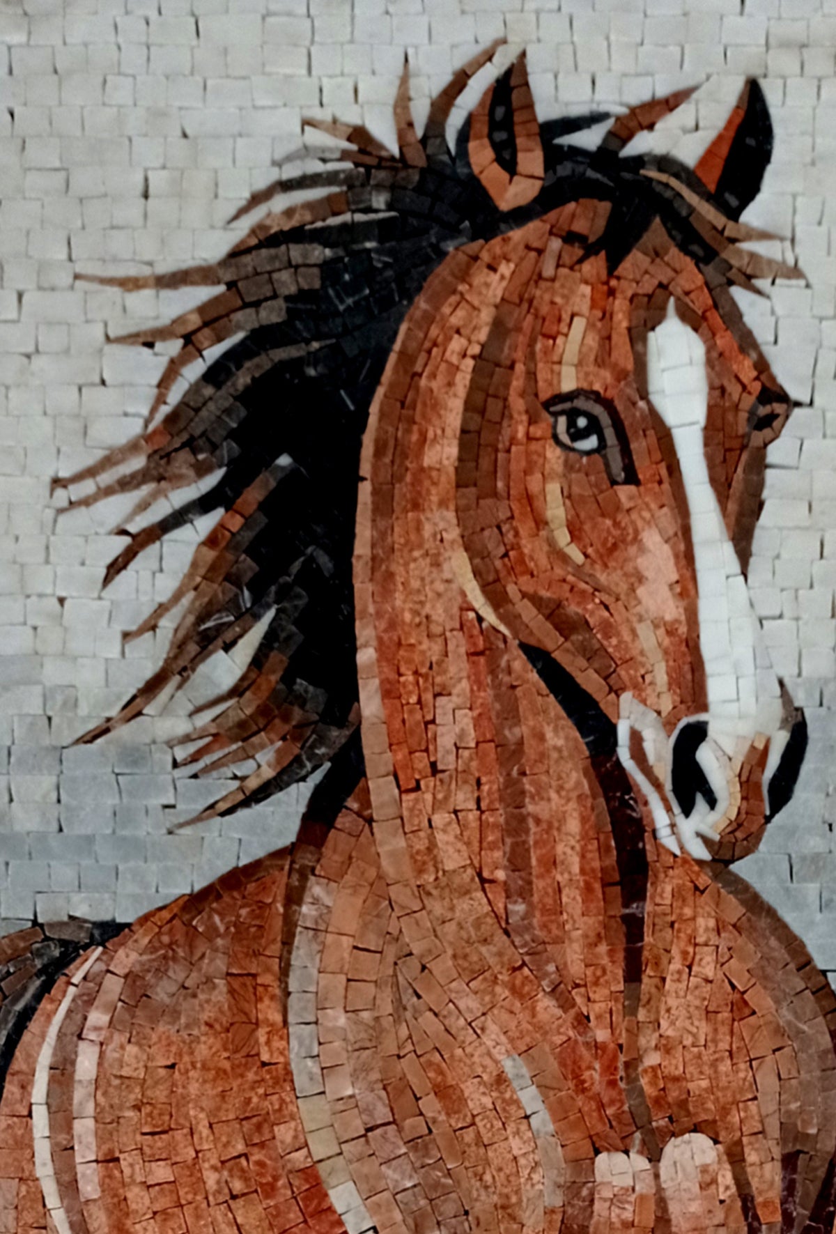 Handmade Horse Mosaic Tile Art: Marble Animal Mural (36" x 28")