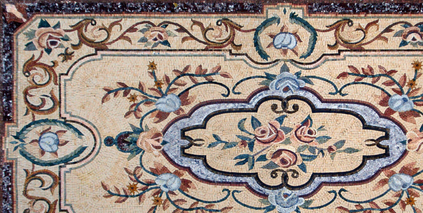 Floral Marble Mosaic Rug: Handmade Stone Carpet (108” x 54")