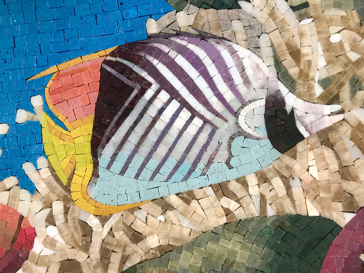 Handmade Sealife Mosaic Tile: Turtle & Fish Ocean Mural (48” x 36”)