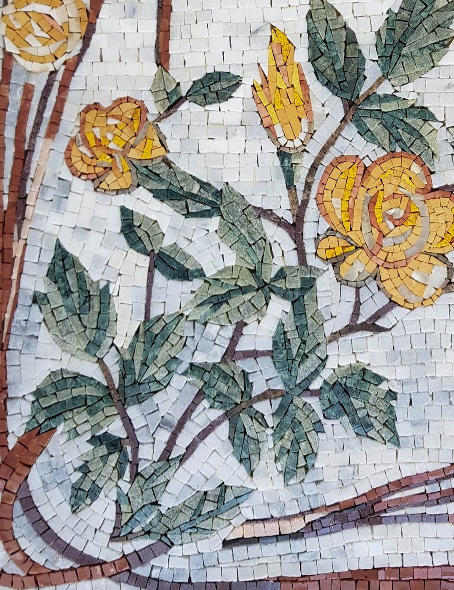Handmade Marble Mosaic Wall Art: Yellow Roses and Butterfly