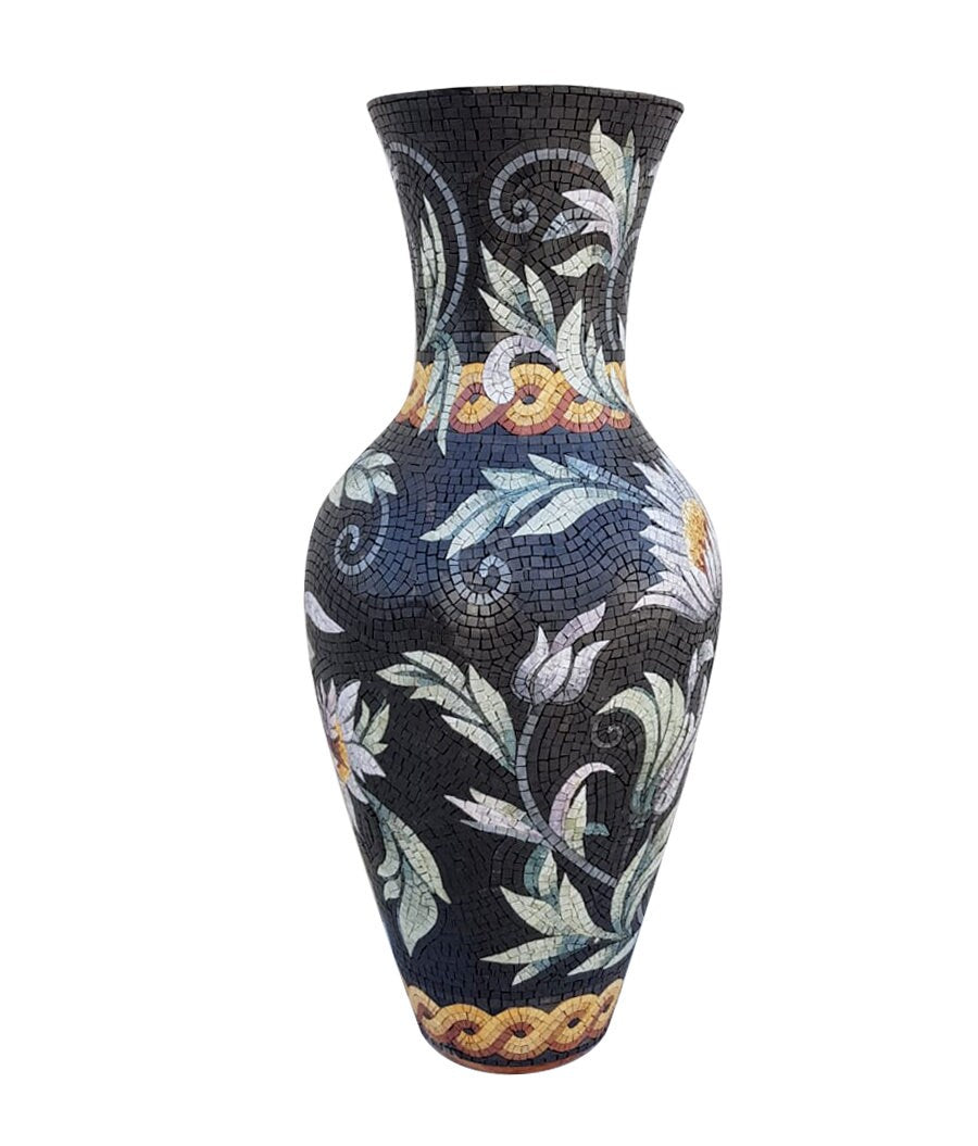 Handmade Floral Mosaic Marble Vase: Black & White Home Decor