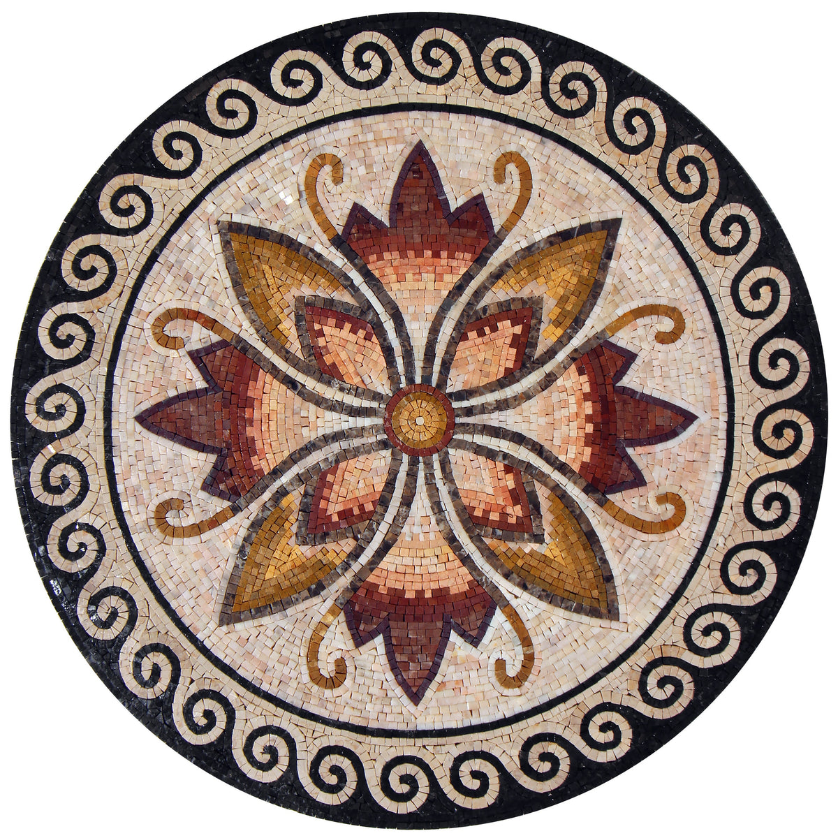 Fiery Blossom: Greek Wave Border Mosaic Medallion with Floral Elegance - Customization available