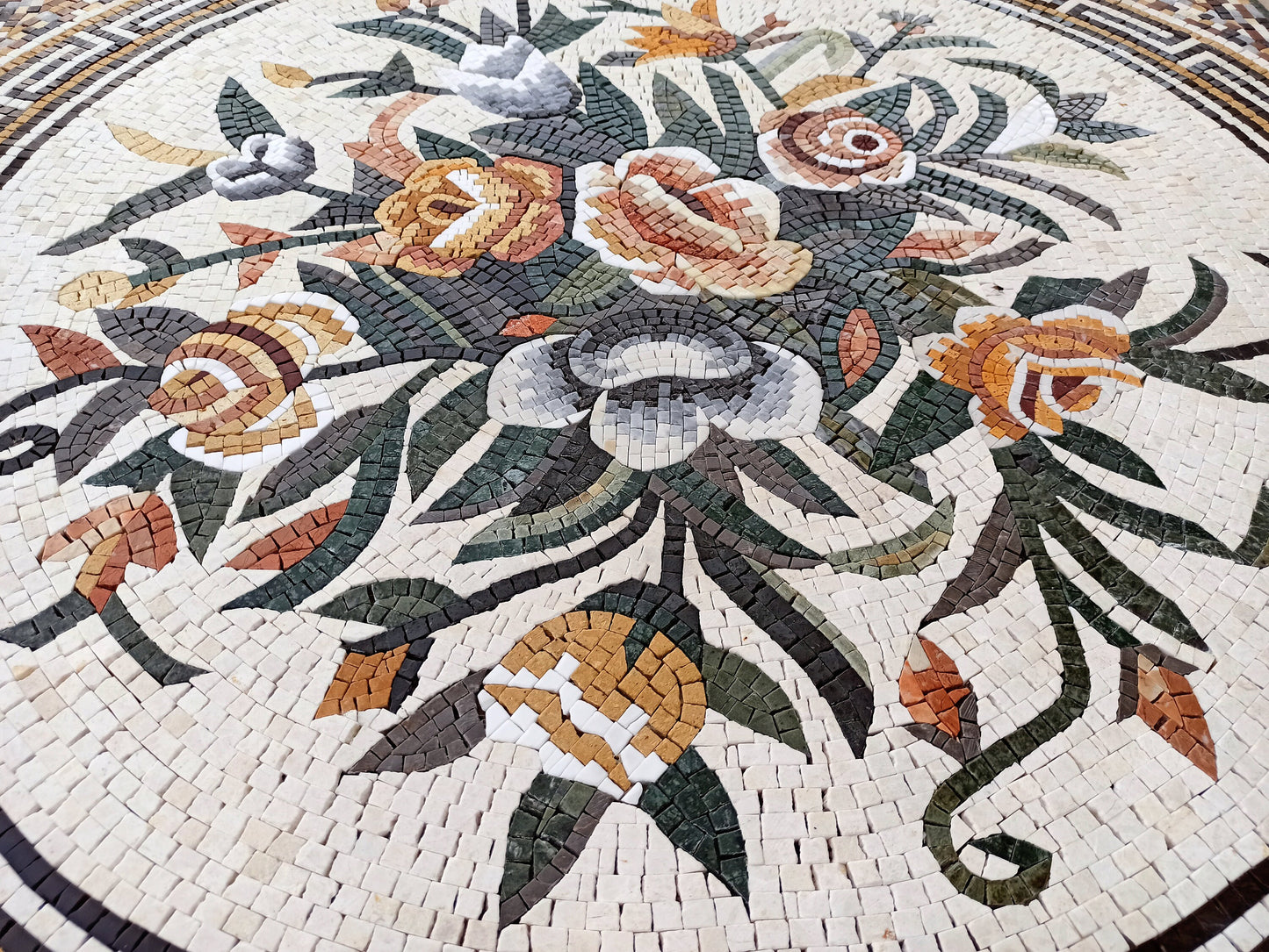 Handmade Marble Mosaic Tile: Colorful Roses, Greek Key Border (40x40)