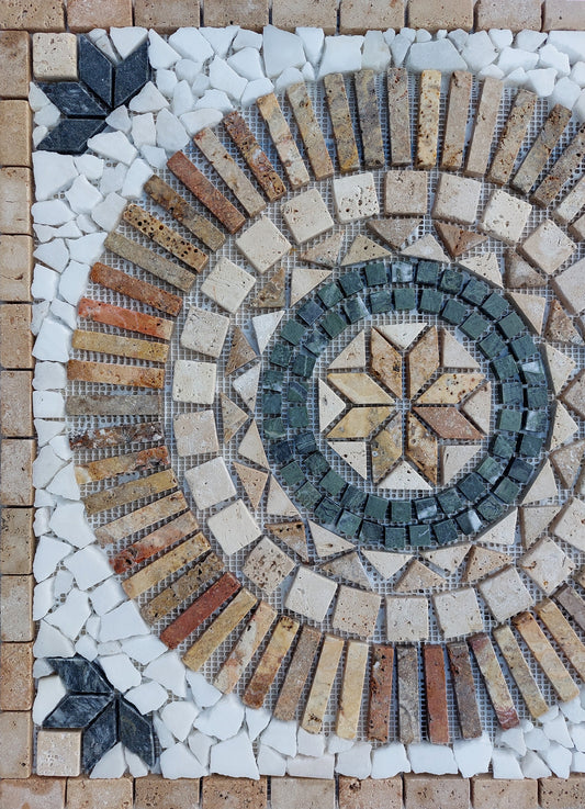 Handmade Flower Mosaic Medallion: Travertine Stone Art (24"x24")