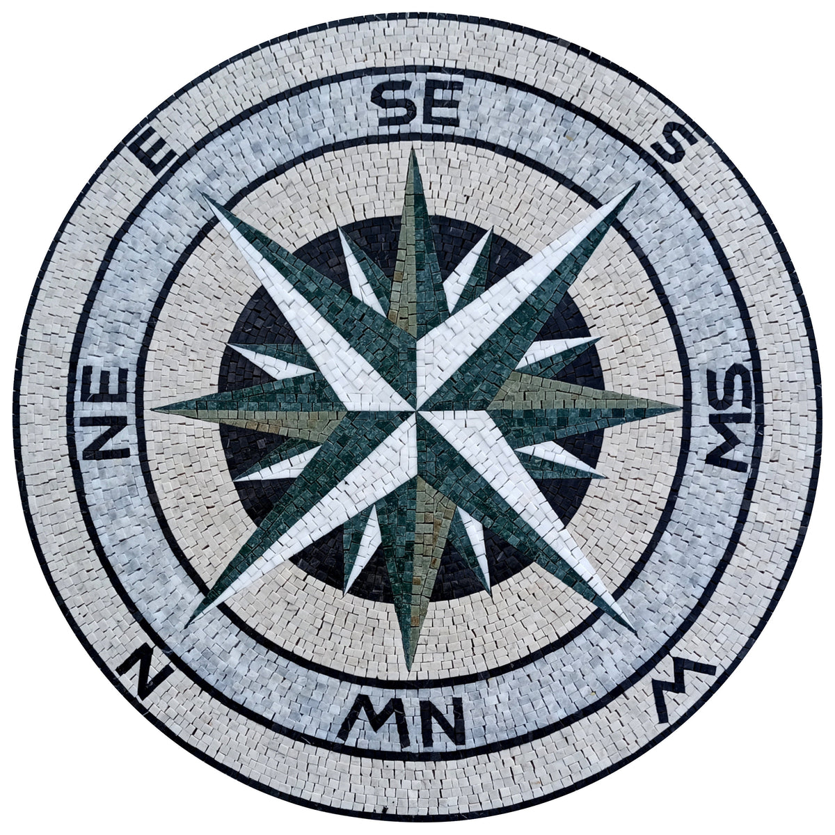 Handmade Marble Mosaic Medallion: Nautical Compass Rose, Green & White (32" Diameter)