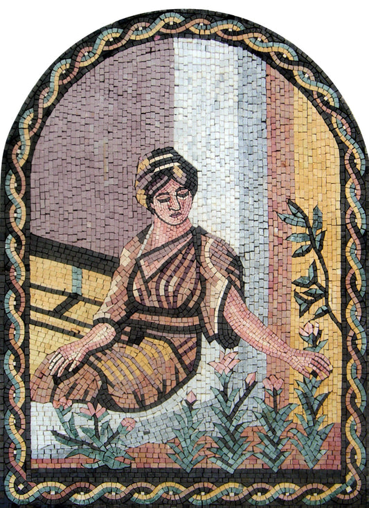 Handmade Italian Mosaic Tile: Woman with Roses, Elegant Wall Art (40” x 30")