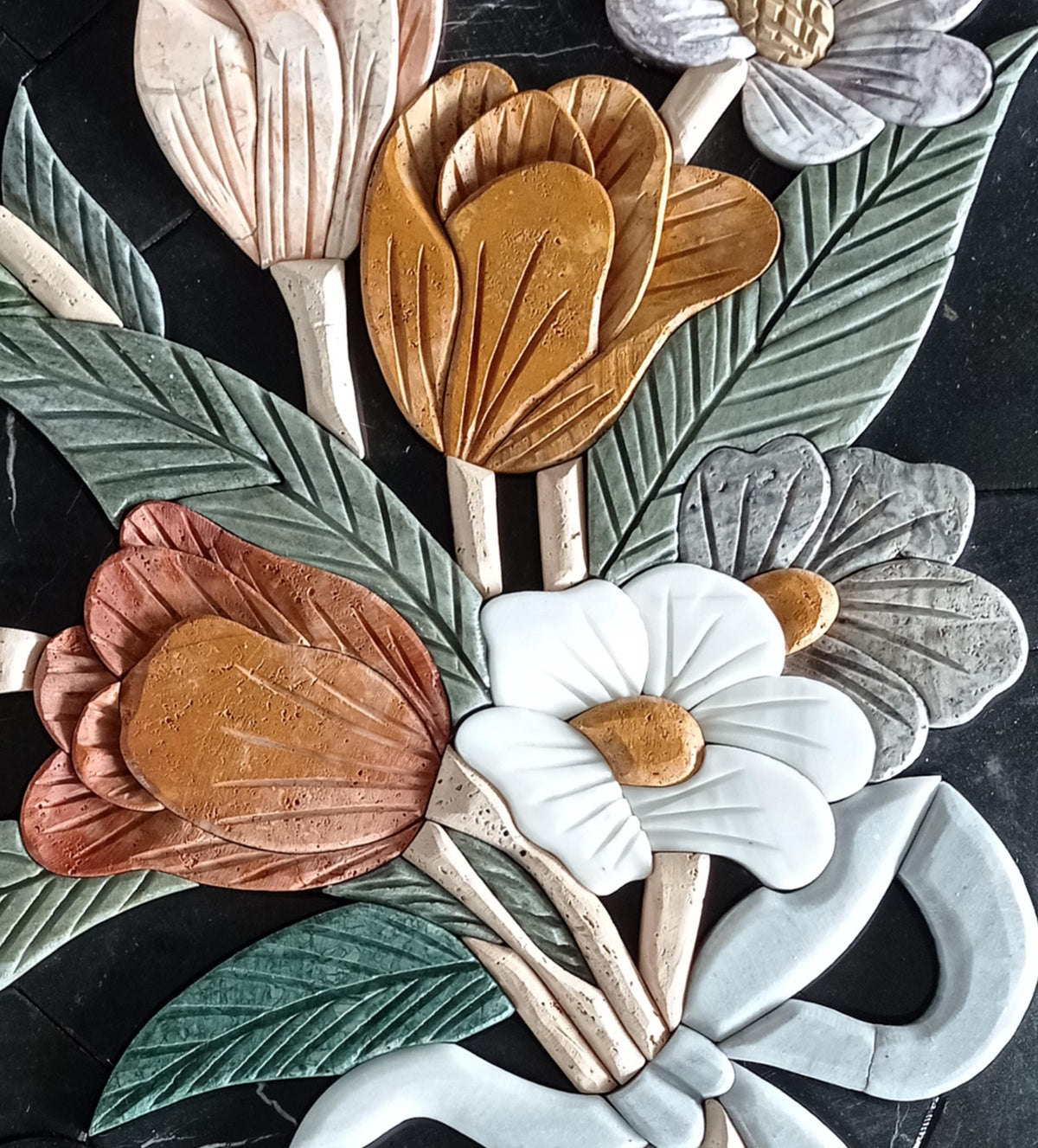 Handmade Marble Mosaic Tile Art: Embossed Floral Wall Decor