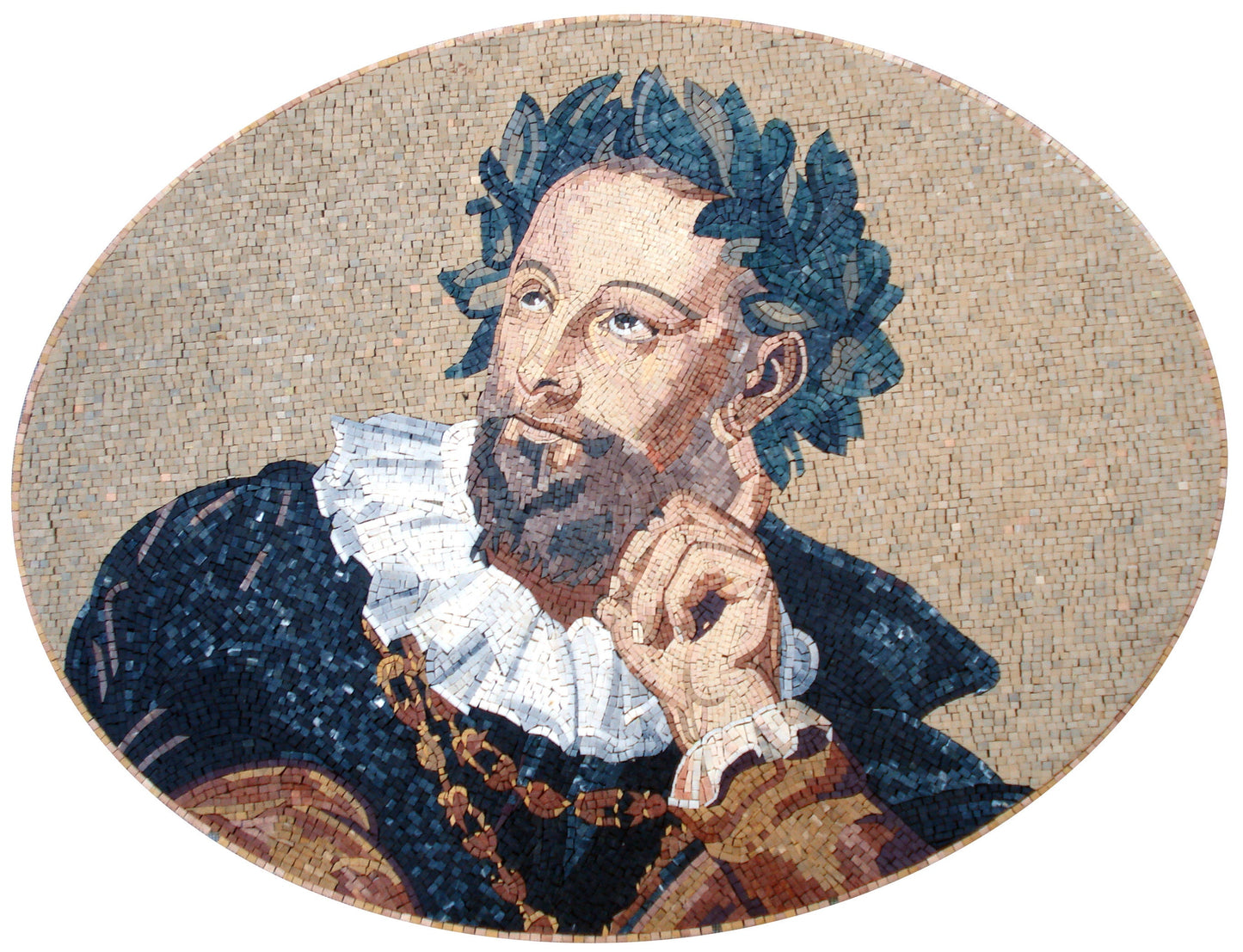 Handmade Philosopher Portrait Mosaic Mural: Indoor Outdoor Wall Art (52” x 32”)