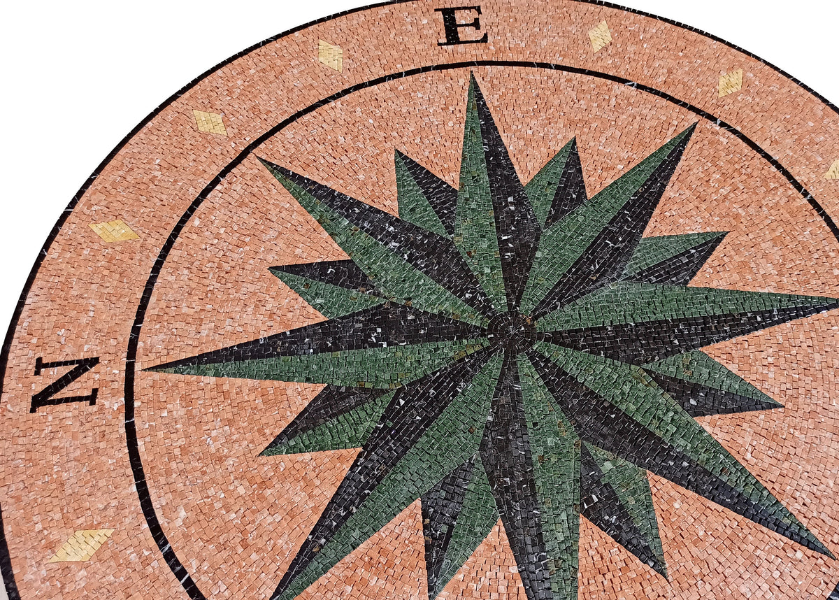 Handmade Marble Mosaic Compass Medallion - Nautical Tile Art (32" Diameter)