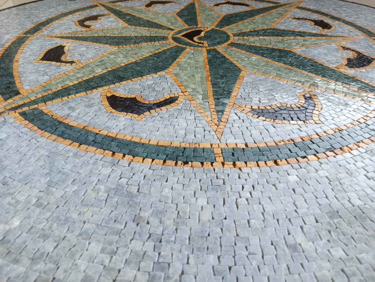 Artisanal Excellence: Handmade Compass & Pool Tile Medallion Marble Mosaic Art - Customization available