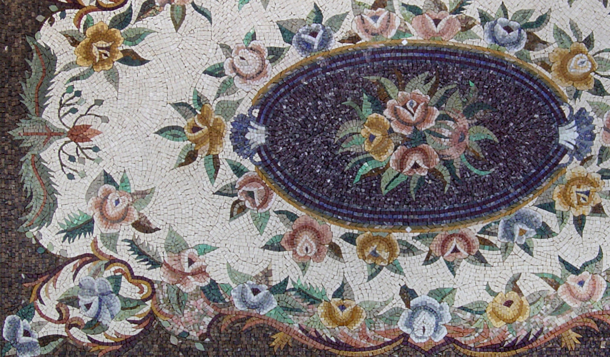 Handmade Marble Mosaic Rug: Floral Art Tile, Home Decor (64” x 110")