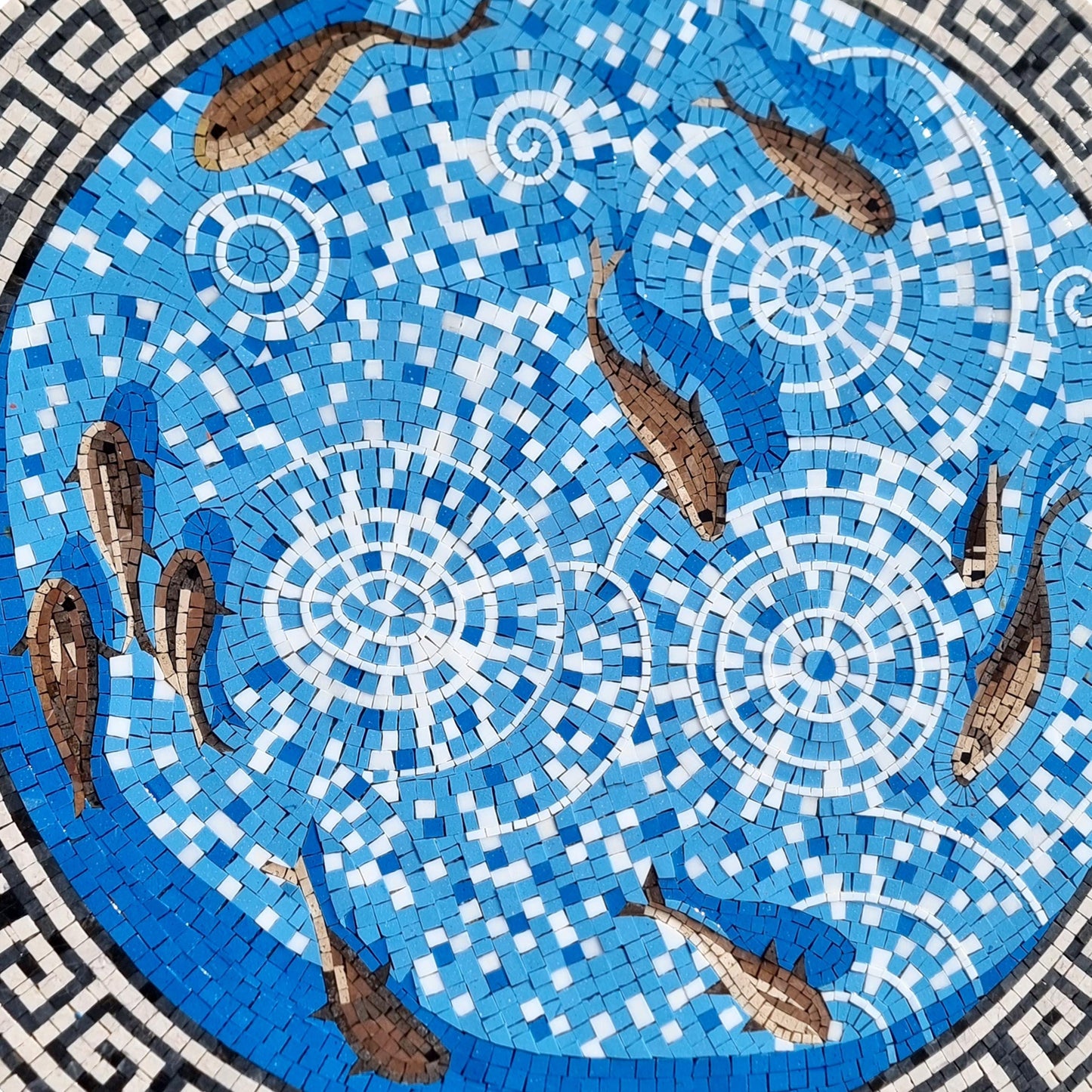 Handmade Fish Mosaic Medallion: Nautical Marble Wall Art (36")