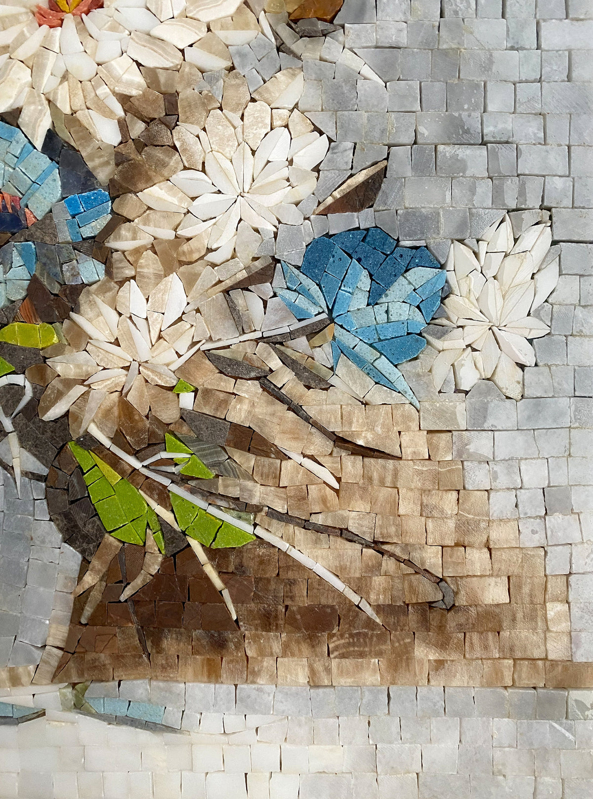 Handmade Floral Mosaic Wall Art: Chrysanthemums & Anemones (30” x 24”)