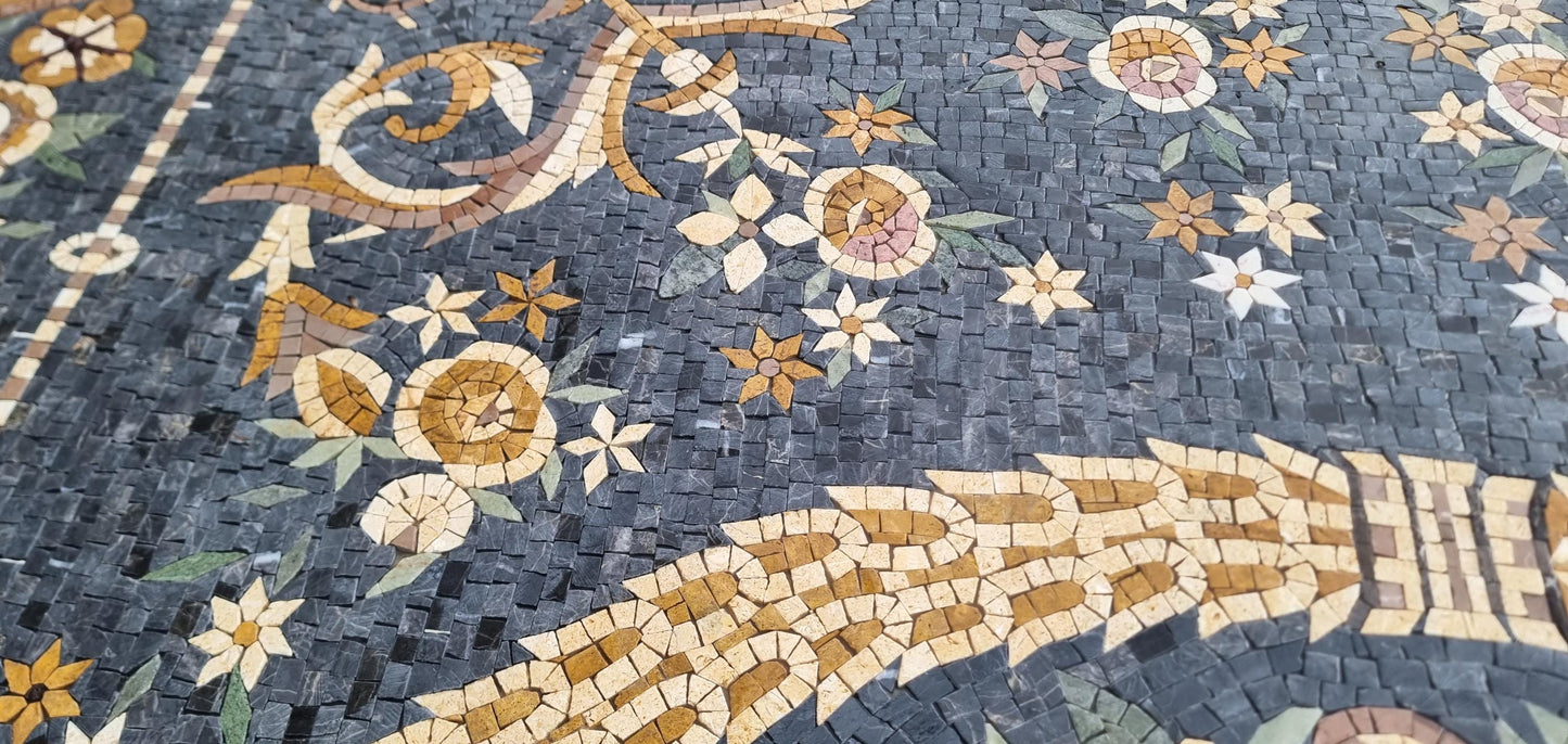 Floral Marble Mosaic Rug: Handmade Geometric Tile Art (80”x 56")