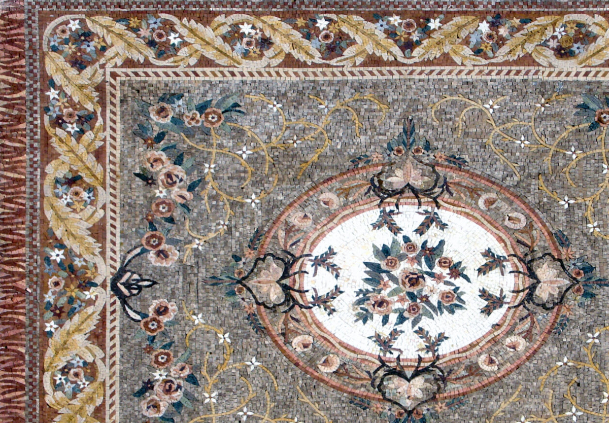 Handmade Marble Mosaic Rug: Floral Stone Medallion (80” x 56")