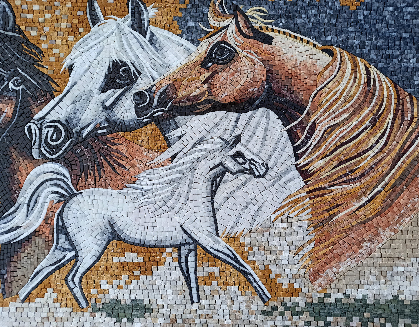 Handmade Horse Mosaic Mural: Marble Stone Art Tile (56” x 36")