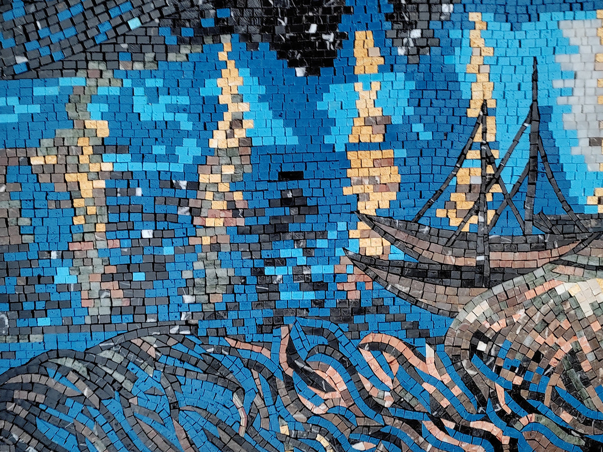 Sailing Boat Mosaic Tile Art: Handmade Marble River Scene (40” x 30")