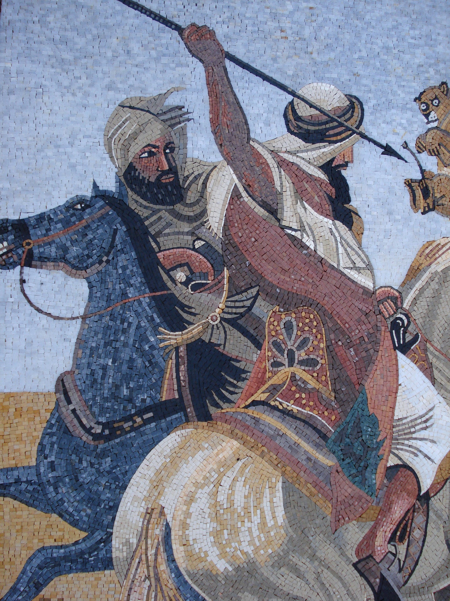 Lion Hunt Mosaic Mural: Horace Vernet Reproduction, Handmade Stone Tile Art