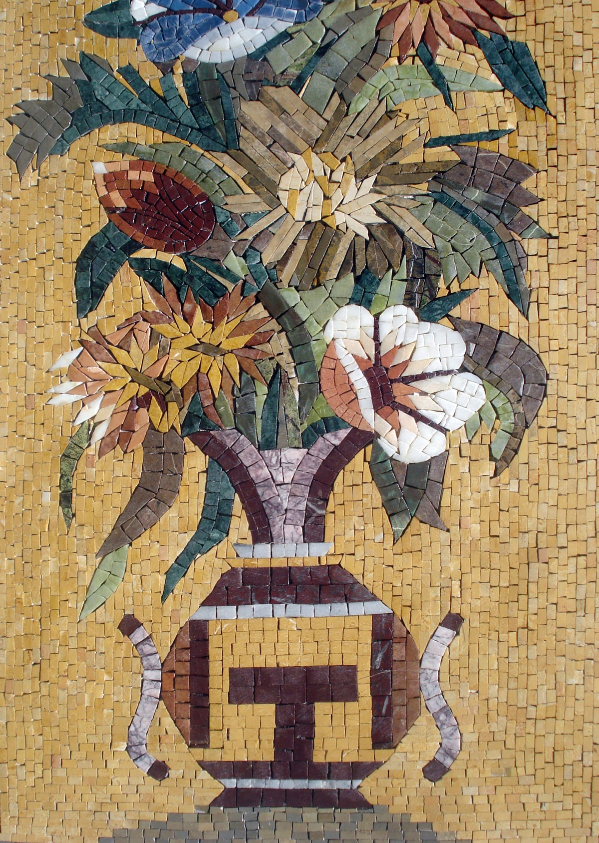 48" Handmade Vertical Mixed Floral Bouquet In Vase Mosaic Marble Tiles For Interior Wall