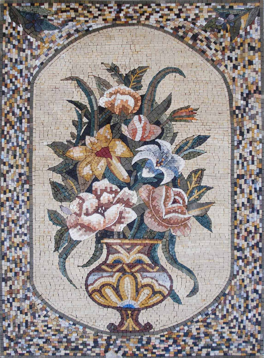 Handmade Marble Mosaic: Elegant Floral Bouquet, 44" Wall Art