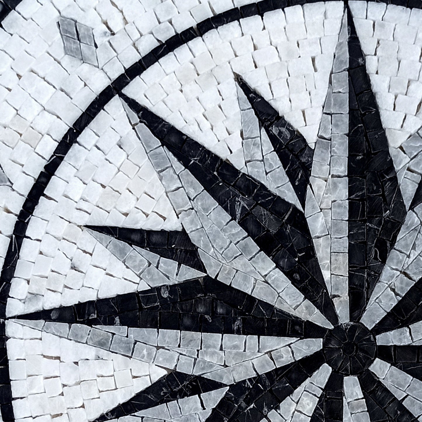 Handmade Marble Mosaic Medallion: Black and Grey Compass Artwork