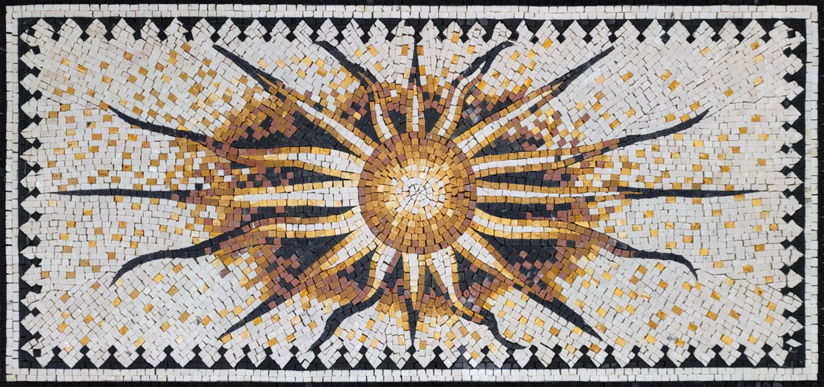 Flaming Sun Marble Mosaic Rug: Handmade Celestial Tile Art