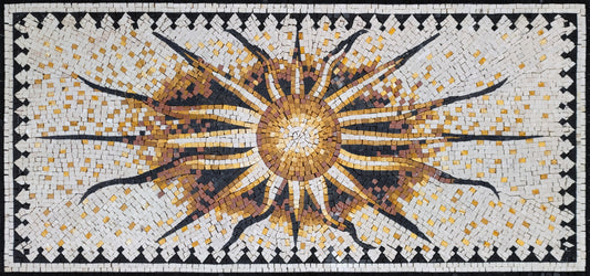 Flaming Sun Marble Mosaic Rug: Handmade Celestial Tile Art