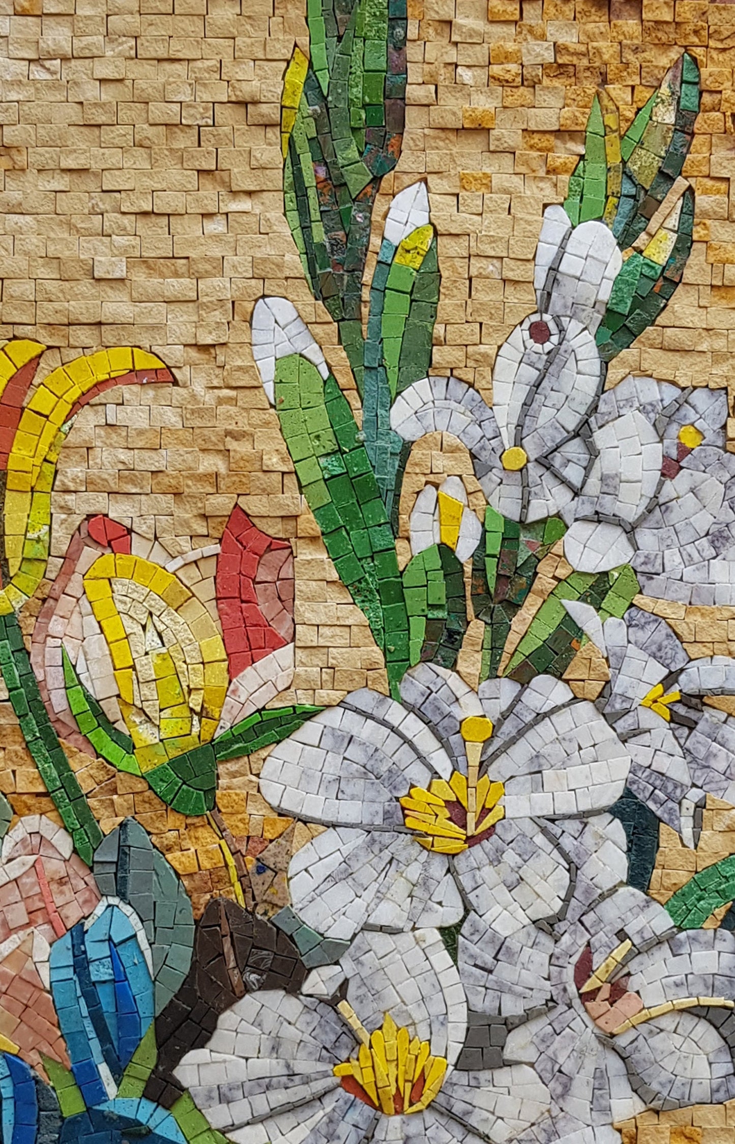 Floral Mosaic Art: Yellow & White Flowers in Vase, Wall Decor (48” x 24")