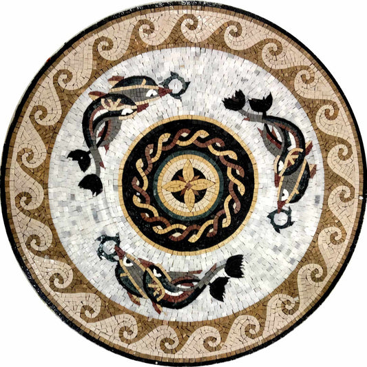 36" Handmade Dolphins Marble Mosaic Medallion Art Tile Décor