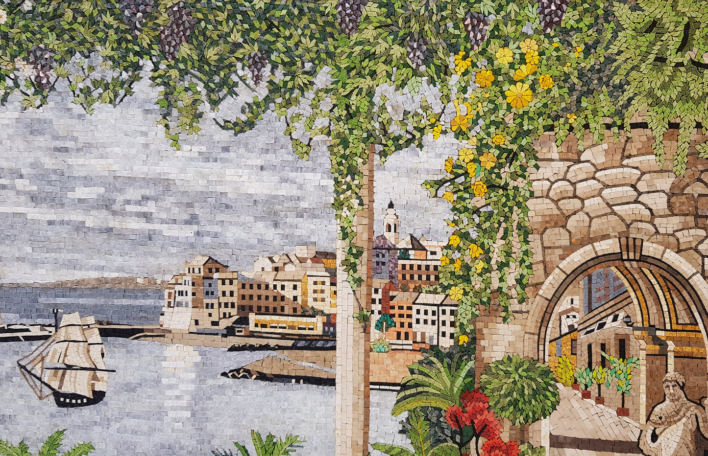 Handmade Seaport Mosaic Tile Art: Floral Botanical Walkway View