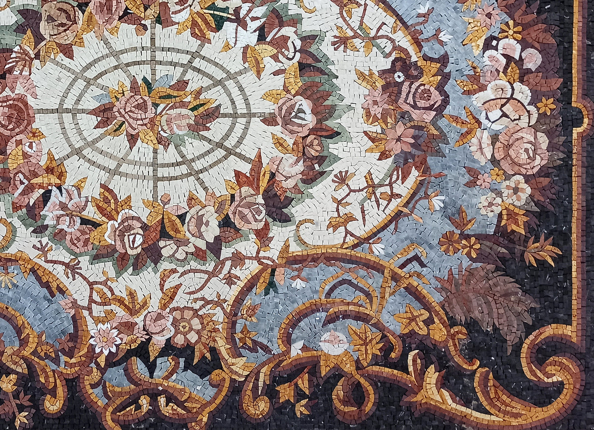 Handmade Marble Mosaic Rug: Floral Medallion Design (88” x 60")