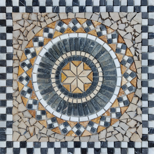 Blue Marble Stone Mosaic: Handmade Medallion Art Tile (24” x 24")