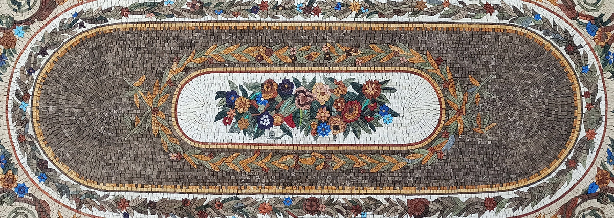 Handmade Marble Stone Mosaic Rug: Floral Art, Large Luxury Rug (108” x 36")