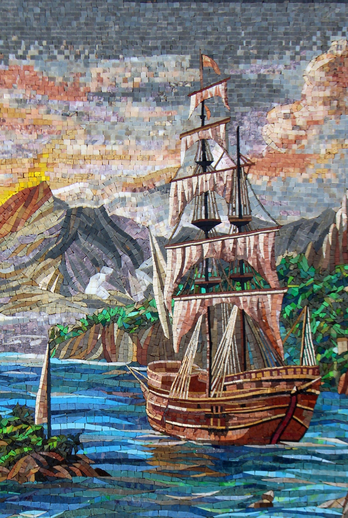 48"x32" Ships in Sea Mosaic Wall Art – Nautical Seascape, Coastal Home Decor, Customization available