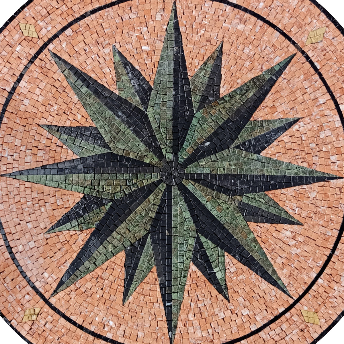 Handmade Marble Mosaic Medallion: Dark Green Compass Rose on Pink